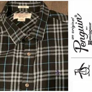 Original Penguin Black Blue Plaid Long Sleeve Fleece Button Up Shirt Large